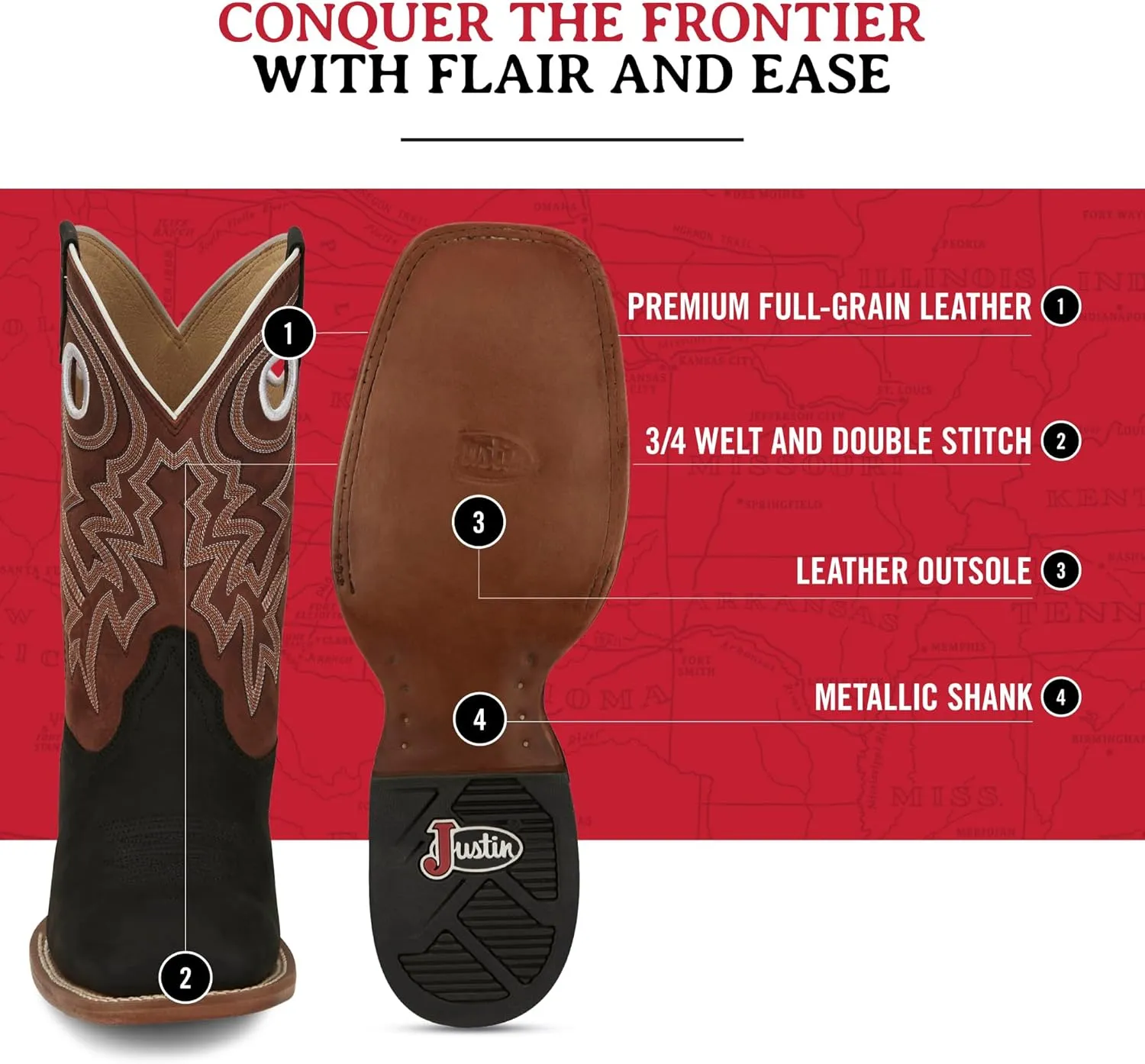 Justin Big News 11 Western Boots for Men - Frontier Collection - Square Toe Leather Mens Cowboy Boots with Comfort Footbed & Heeled Leather Outsole