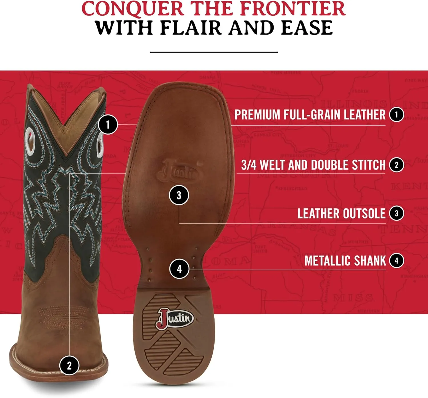 Justin Big News 11 Western Boots for Men - Frontier Collection - Square Toe Leather Mens Cowboy Boots with Comfort Footbed & Heeled Leather Outsole