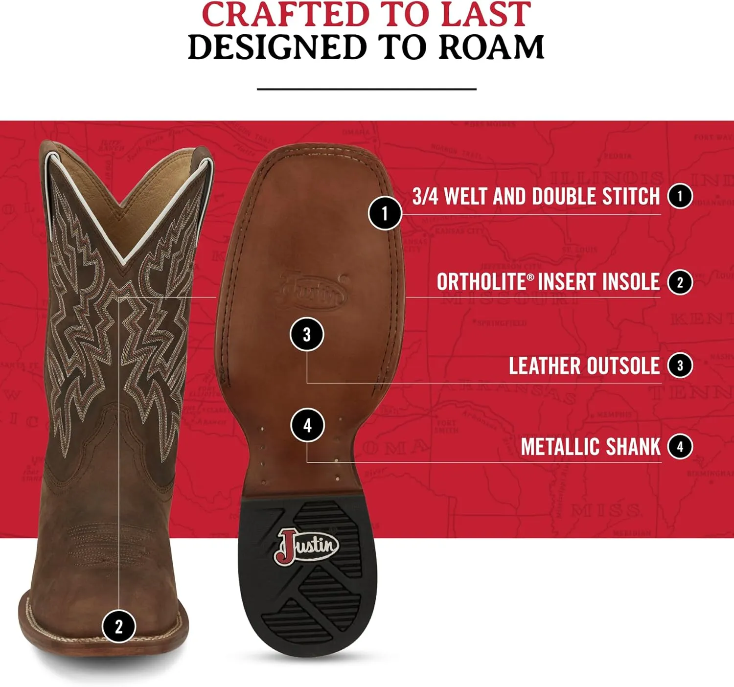 Justin Jackpot 11 Western Boots for Men - Frontier Collection - Square Toe Leather Mens Cowboy Boots with Comfort Footbed & Heeled Leather Outsole
