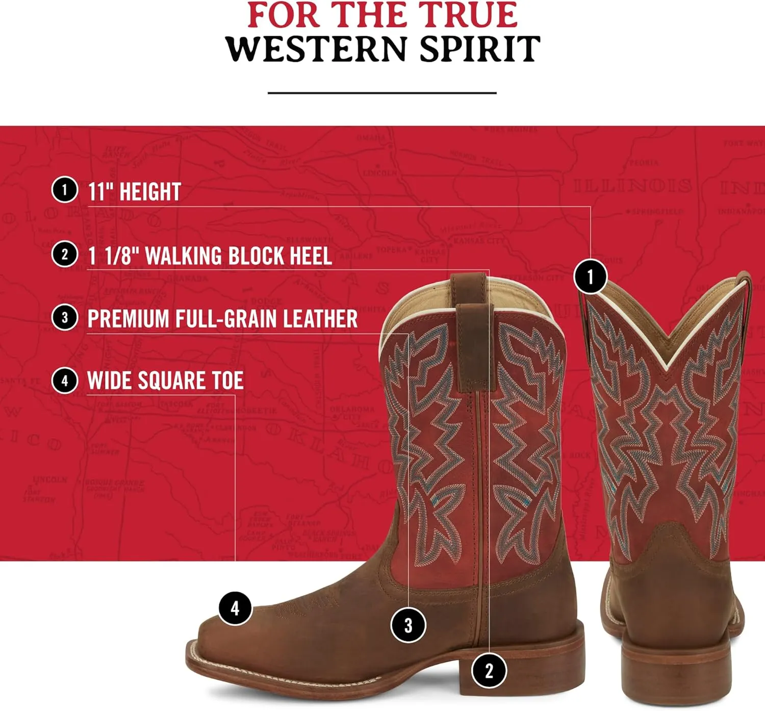 Justin Jackpot 11 Western Boots for Men - Frontier Collection - Square Toe Leather Mens Cowboy Boots with Comfort Footbed & Heeled Leather Outsole