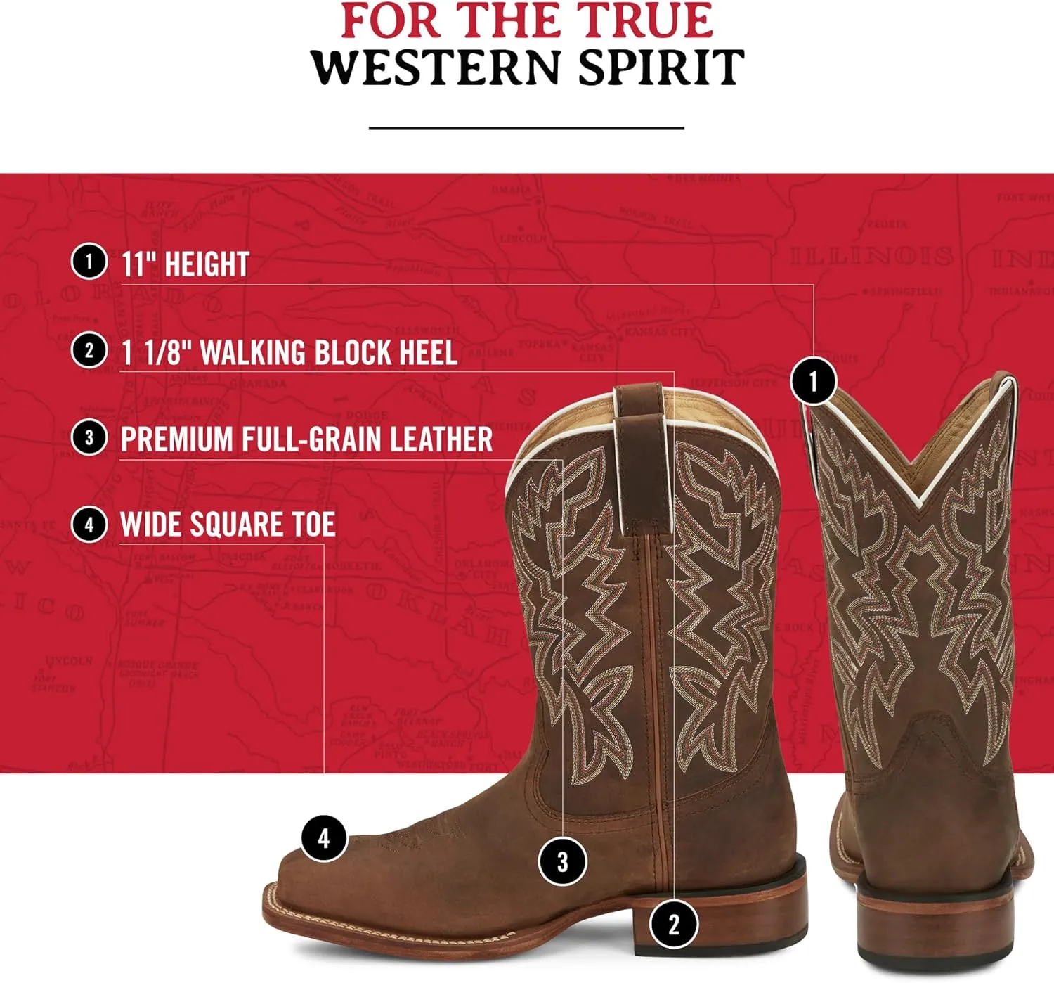 Justin Jackpot 11 Western Boots for Men - Frontier Collection - Square Toe Leather Mens Cowboy Boots with Comfort Footbed & Heeled Leather Outsole