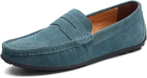 Loafer Shoes for Men Genuine Leather Stitching Details Round Toe Suede Vamp Penny Loafer Rubber Sole Resistant Flexible Flat Heel Lightweight Casual (Color : Green, Size : 11)
