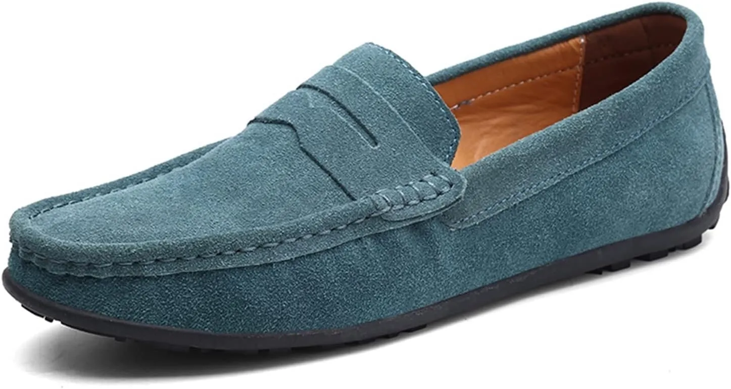 Loafer Shoes for Men Genuine Leather Stitching Details Round Toe Suede Vamp Penny Loafer Rubber Sole Resistant Flexible Flat Heel Lightweight Casual (Color : Green, Size : 11)