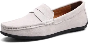 Loafer Shoes for Men Genuine Leather Stitching Details Round Toe Suede Vamp Penny Loafer Rubber Sole Resistant Flexible Flat Heel Lightweight Casual (Color : White, Size : 8)