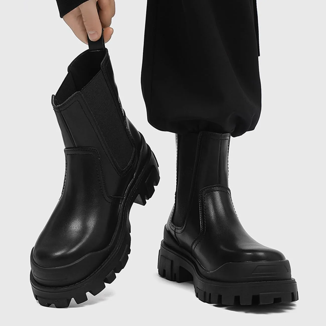 Mens Chelsea Boots Comfort Platform Work Boots Zipper Leather High Top Motorcycle Boots