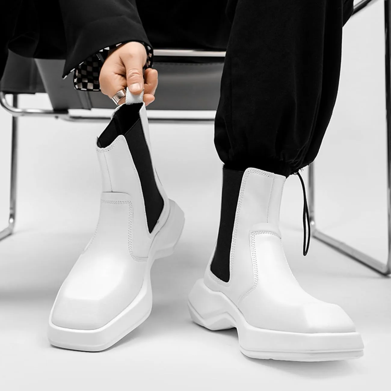 Mens Chelsea Boots Comfort Platform Work Boots Zipper Leather High Top Motorcycle Boots