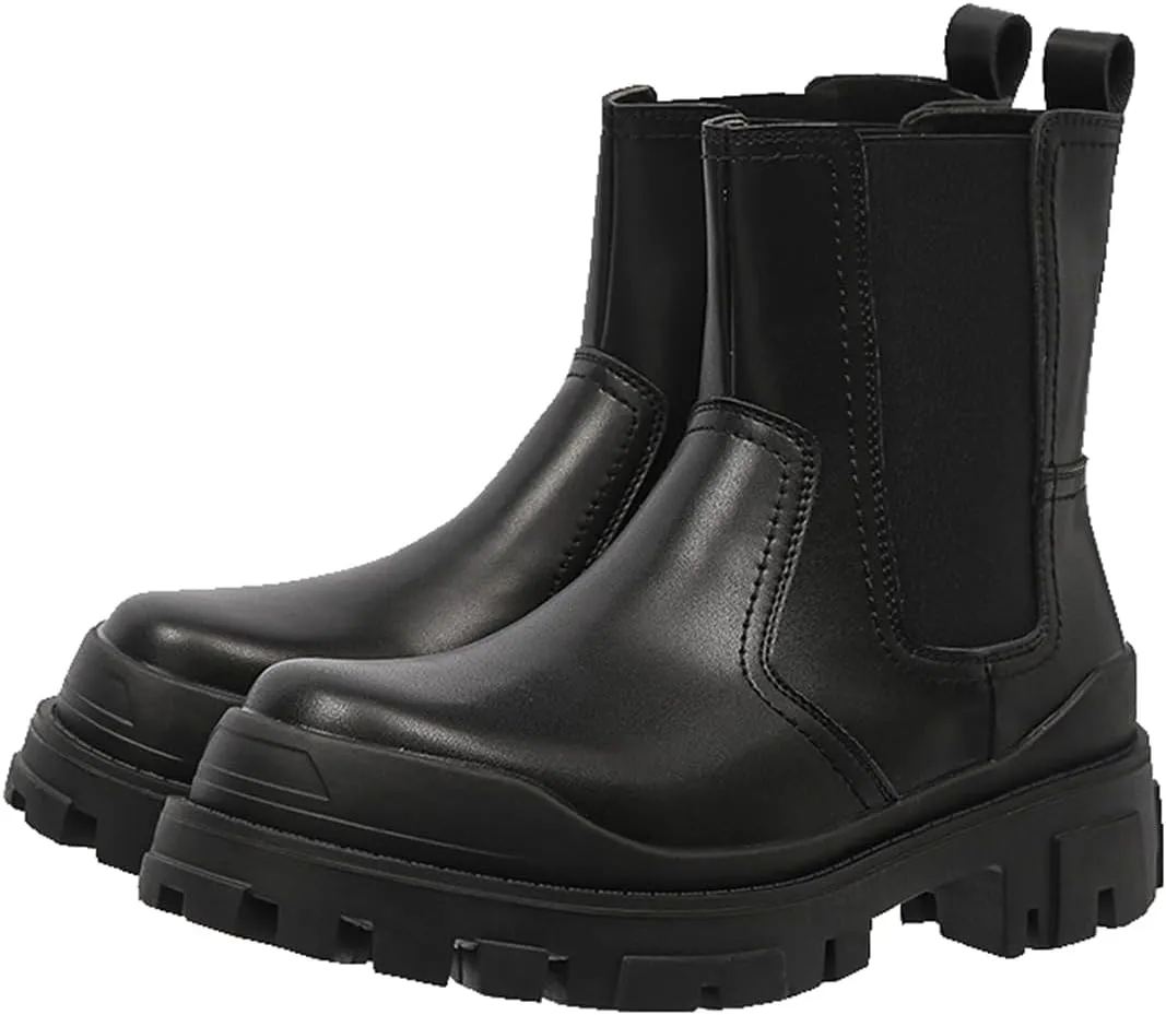 Mens Chelsea Boots Comfort Platform Work Boots Zipper Leather High Top Motorcycle Boots
