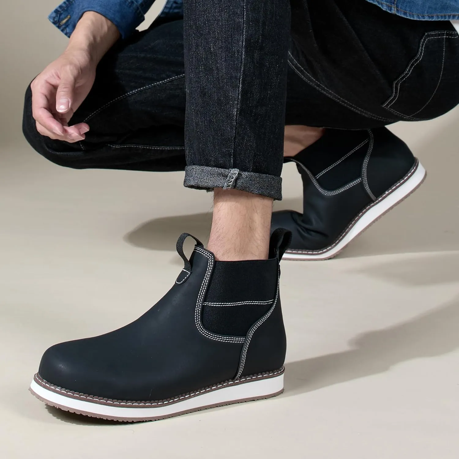 Men's Chelsea Boots Mid Top Slip On Chelsea Boots Outdoor Casual Boots Flat Street Hiking Boots