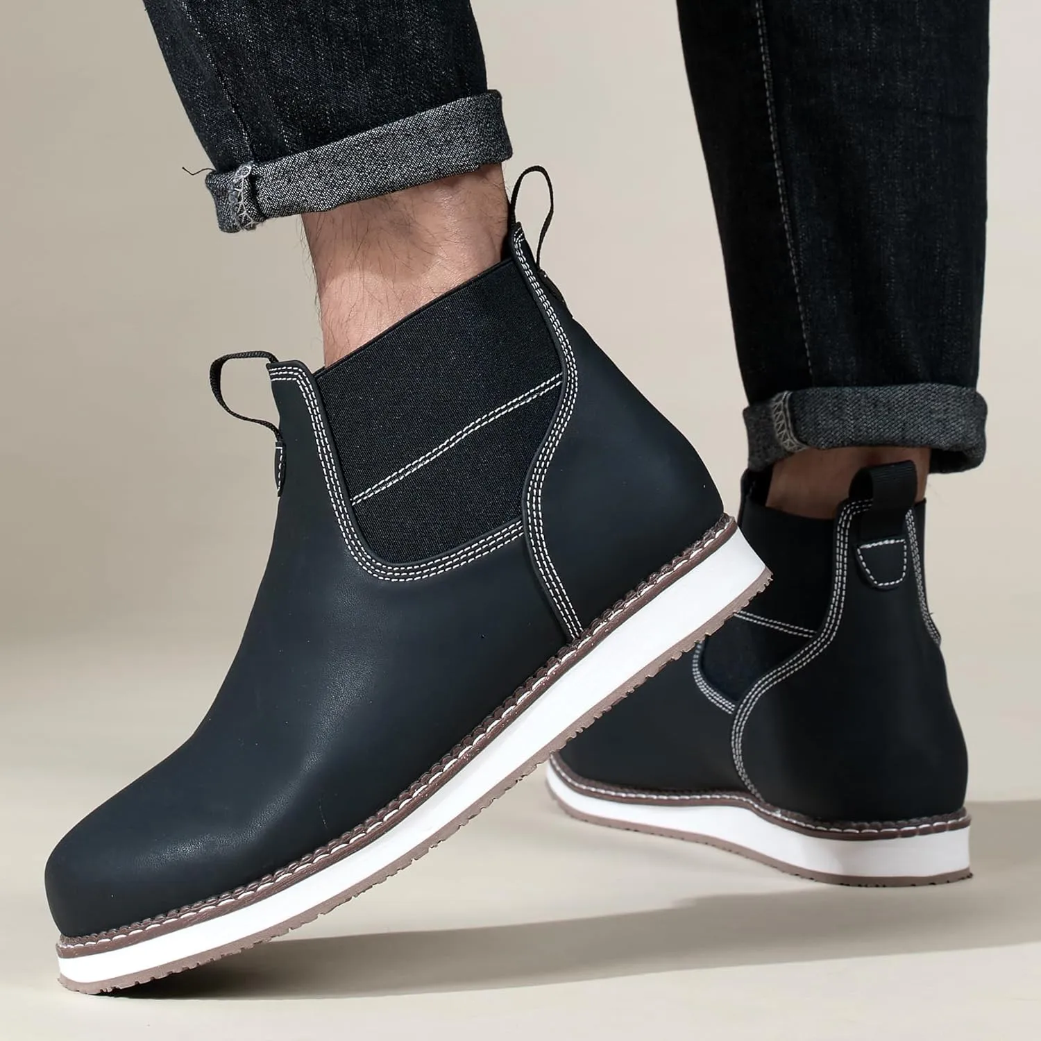 Men's Chelsea Boots Mid Top Slip On Chelsea Boots Outdoor Casual Boots Flat Street Hiking Boots