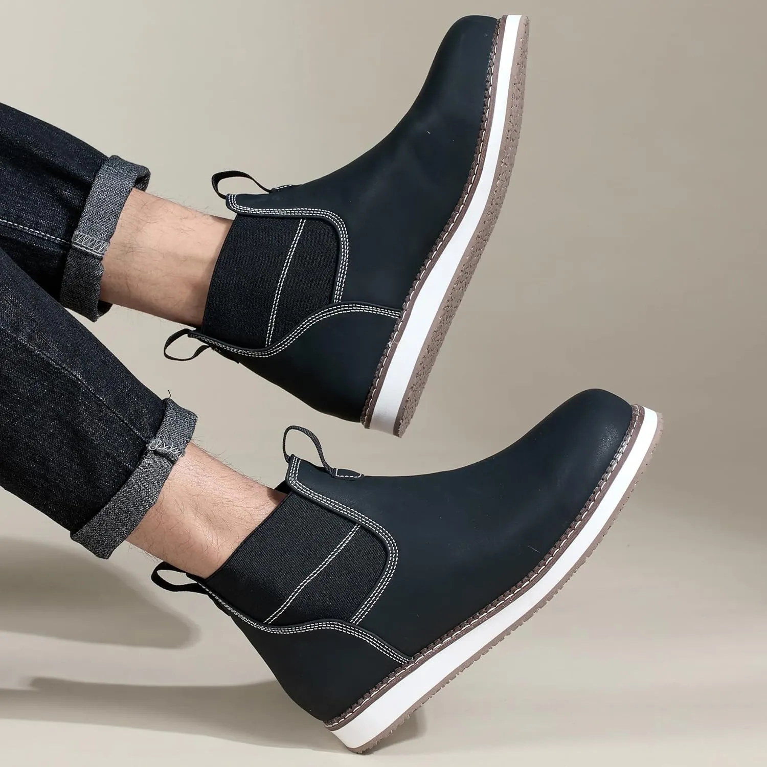 Men's Chelsea Boots Mid Top Slip On Chelsea Boots Outdoor Casual Boots Flat Street Hiking Boots