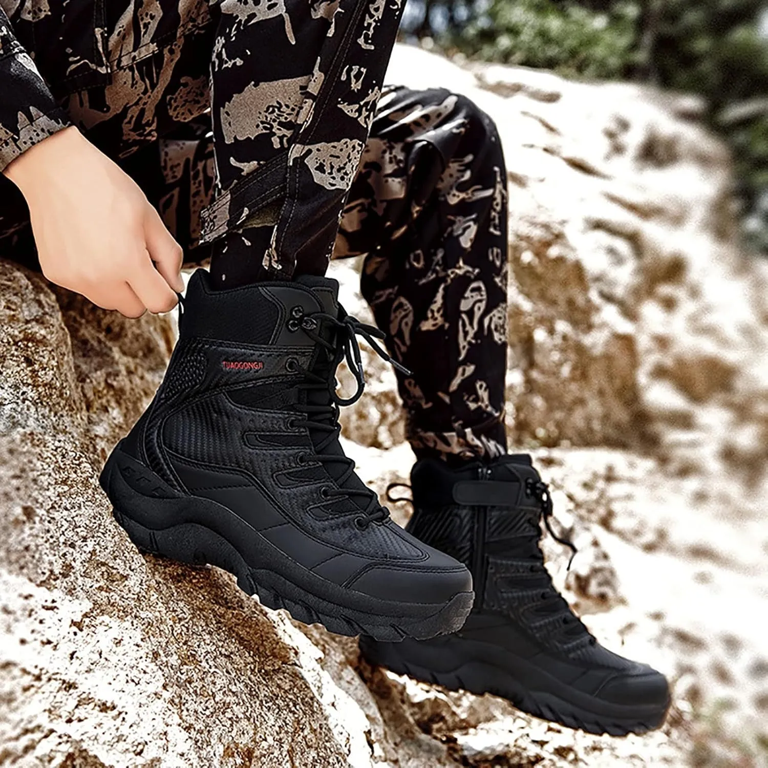Men's Desert Tactical Boots, High-top Outdoor Durable Rubber Cushioning Outsole Tactical Shoes, for Hiking Comfort Breathable Side Zipper Military Boots