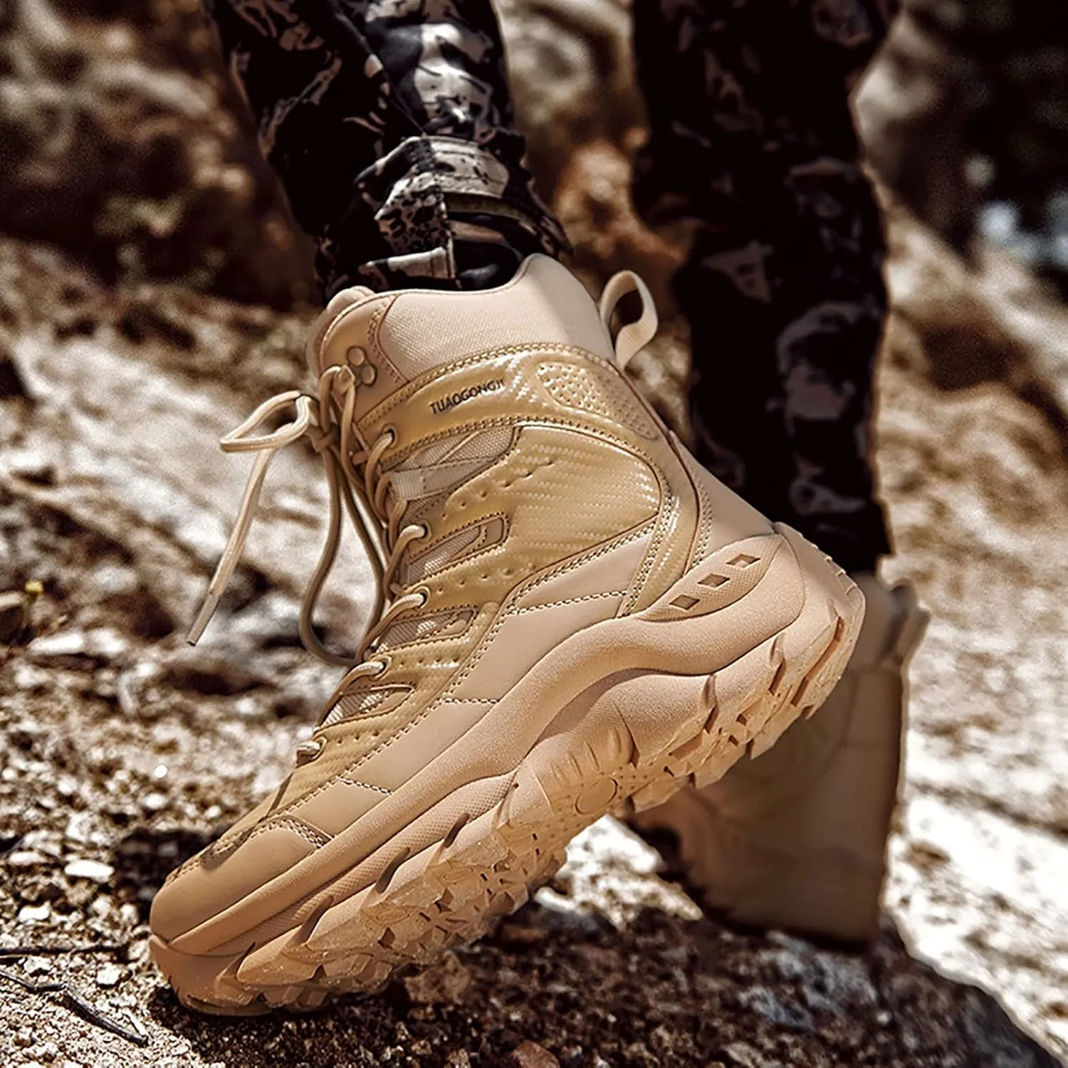 Men's Desert Tactical Boots, High-top Outdoor Durable Rubber Cushioning Outsole Tactical Shoes, for Hiking Comfort Breathable Side Zipper Military Boots