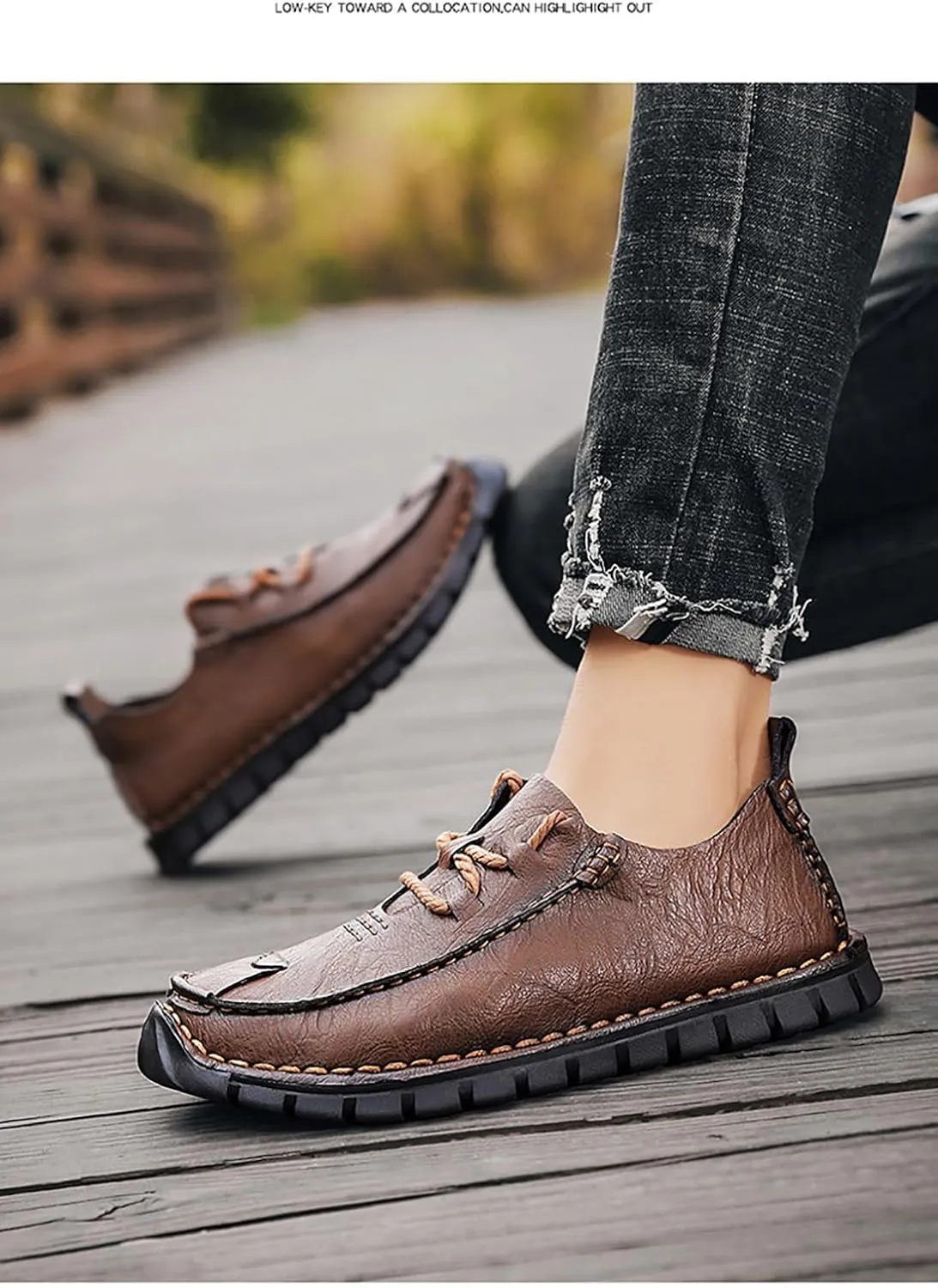 Men's Genuine Leather Hand Stitched Boat Loafers Casual Flat Sneakers,Lace-Up Non-Slip Soft Casual Walking Driving Fashion Sneakers