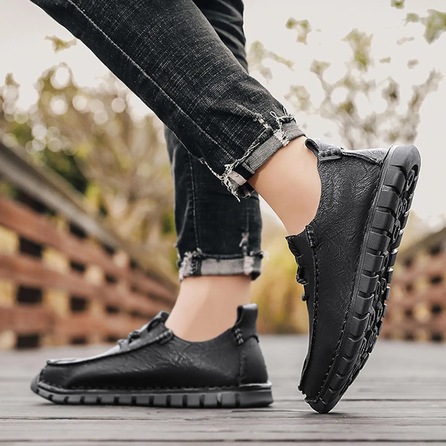 Men's Genuine Leather Hand Stitched Boat Loafers Casual Flat Sneakers,Lace-Up Non-Slip Soft Casual Walking Driving Fashion Sneakers