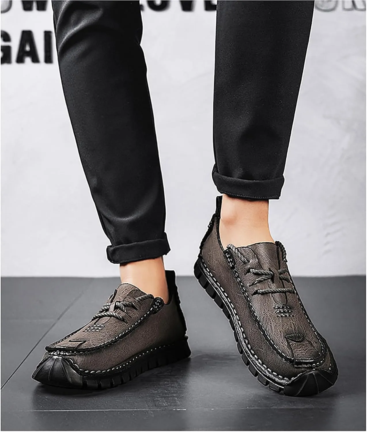 Men's Genuine Leather Hand Stitched Boat Loafers Casual Flat Sneakers,Lace-Up Non-Slip Soft Casual Walking Driving Fashion Sneakers