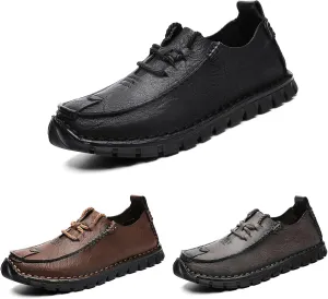 Men's Genuine Leather Hand Stitched Boat Loafers Casual Flat Sneakers,Lace-Up Non-Slip Soft Casual Walking Driving Fashion Sneakers