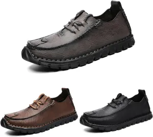 Men's Genuine Leather Hand Stitched Boat Loafers Casual Flat Sneakers,Lace-Up Non-Slip Soft Casual Walking Driving Fashion Sneakers