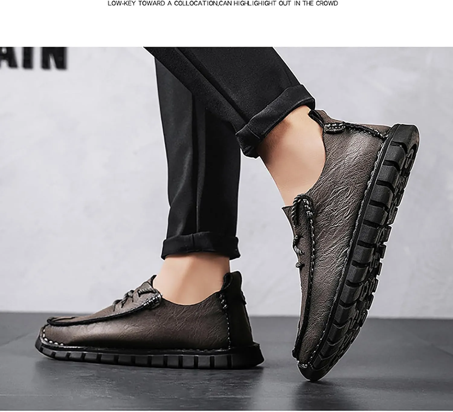 Men's Genuine Leather Hand Stitched Boat Loafers Casual Flat Sneakers,Lace-Up Non-Slip Soft Casual Walking Driving Fashion Sneakers