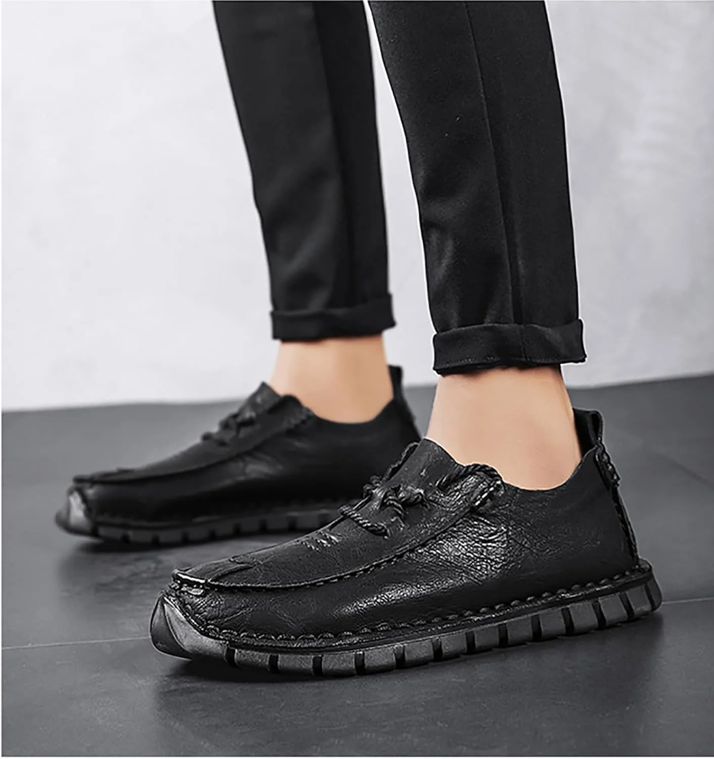 Men's Genuine Leather Hand Stitched Boat Loafers Casual Flat Sneakers,Lace-Up Non-Slip Soft Casual Walking Driving Fashion Sneakers