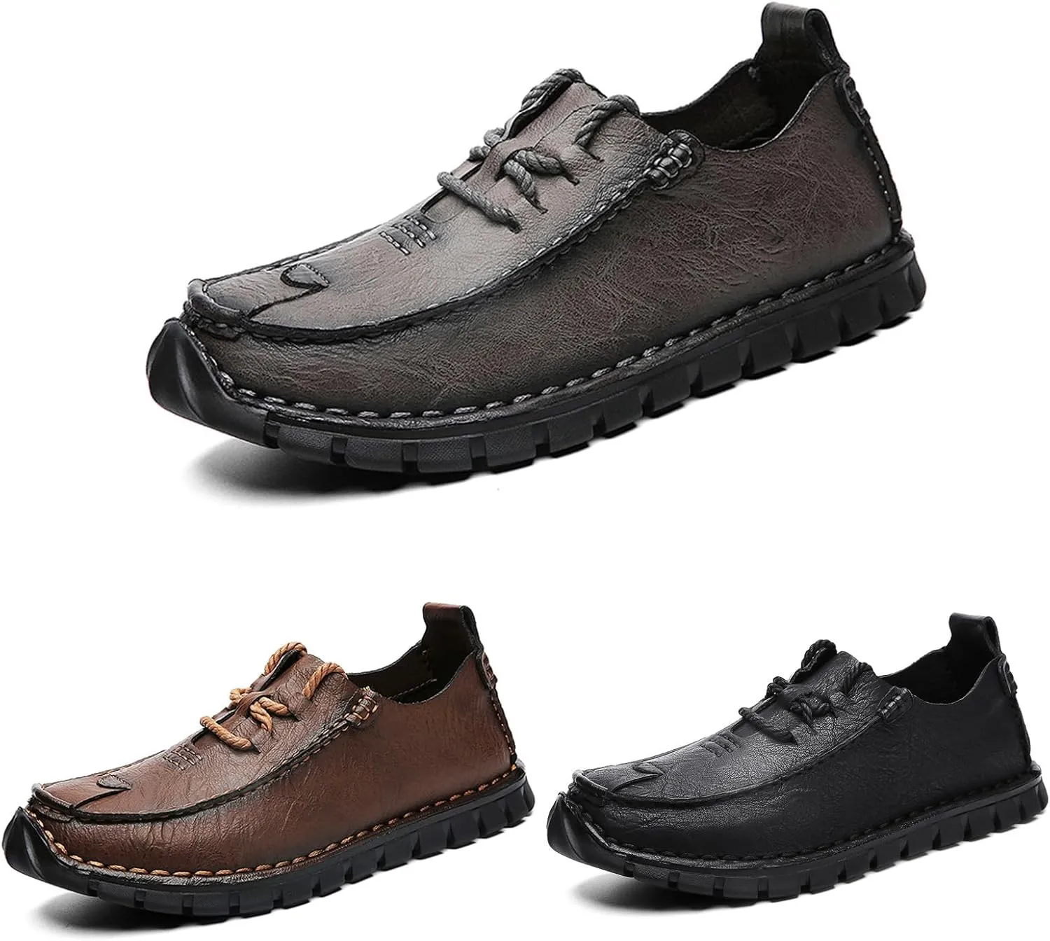Men's Genuine Leather Hand Stitched Boat Loafers Casual Flat Sneakers,Lace-Up Non-Slip Soft Casual Walking Driving Fashion Sneakers