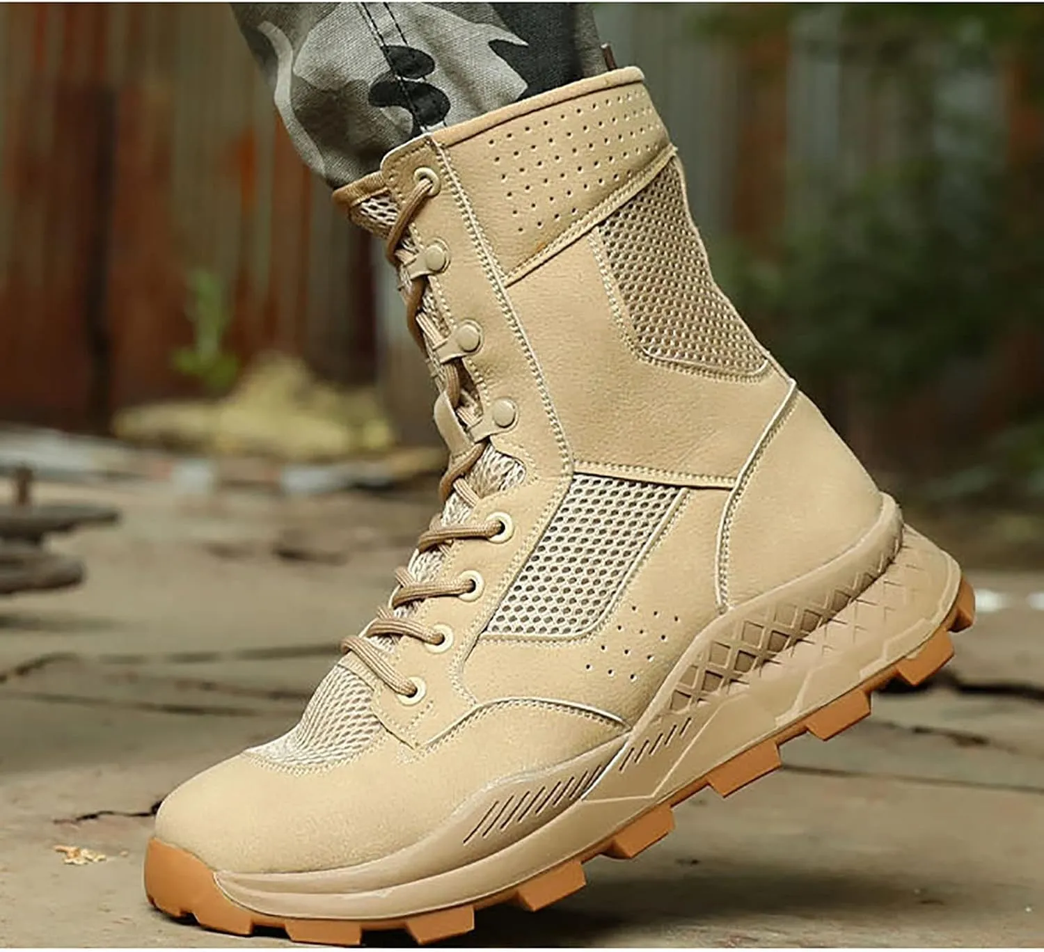 Men's High-top Breathable Desert Tactical Boots, Spring Autumn Lightweight Military Boots, Outdoor Waterproof Non-slip Rubber Sole Hiking Work Boots