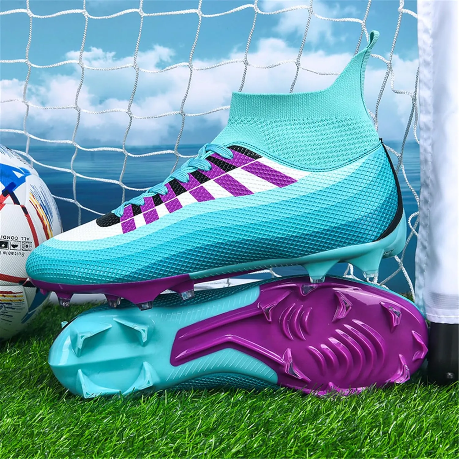 Mens High-Top Lace Up Soccer Cleats Outdoor Lightweight Training Ground Athletic Football Boots Rugby Running Lacrosse Sports Shoes