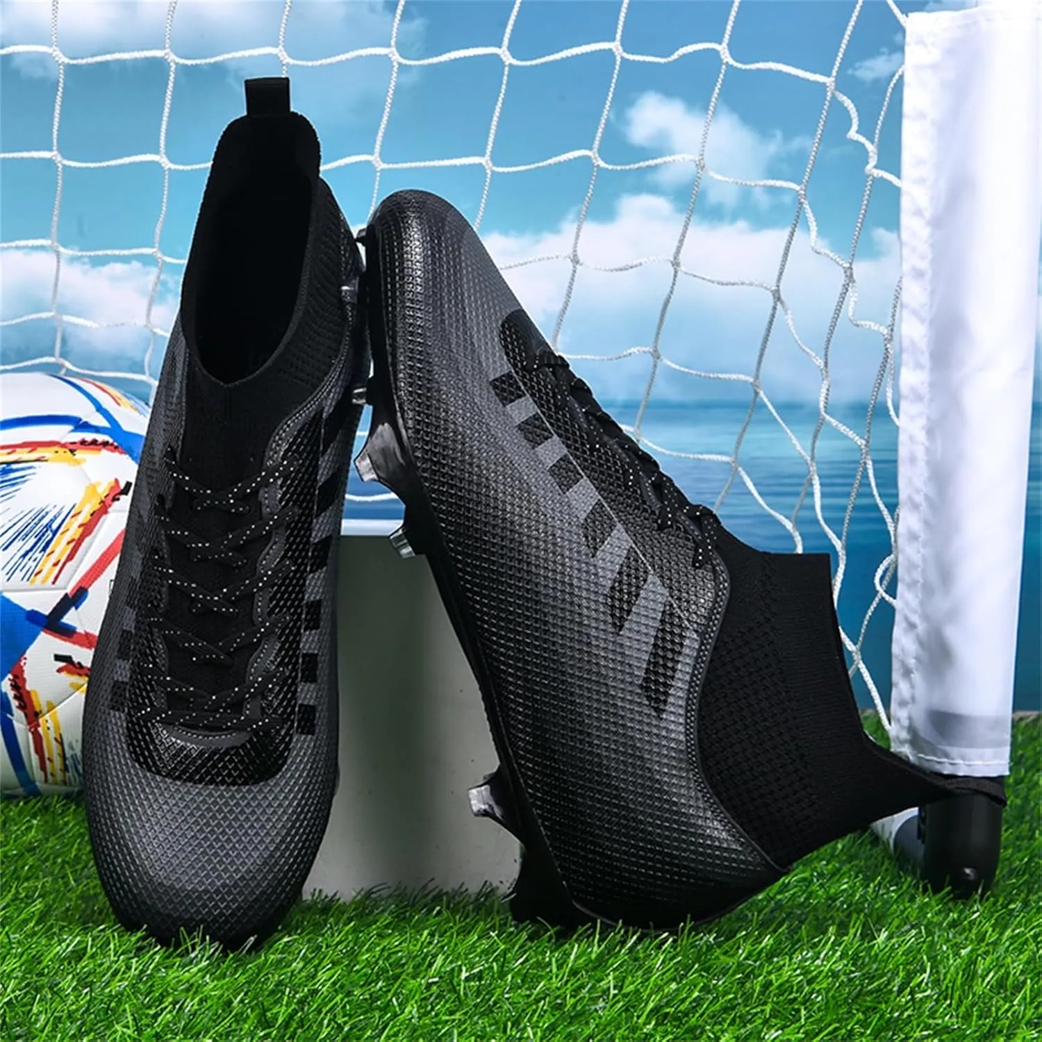 Mens High-Top Lace Up Soccer Cleats Outdoor Lightweight Training Ground Athletic Football Boots Rugby Running Lacrosse Sports Shoes