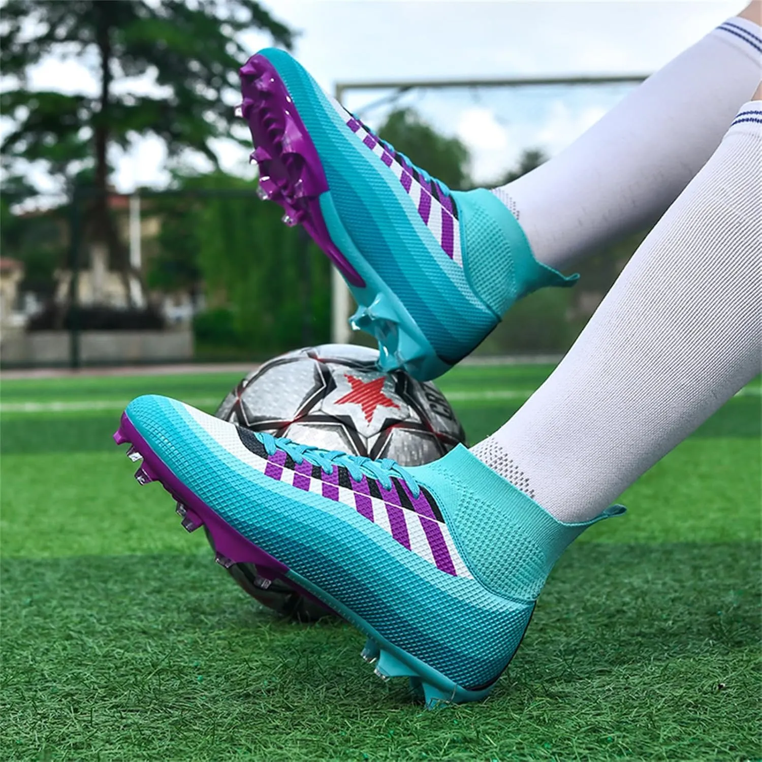 Mens High-Top Lace Up Soccer Cleats Outdoor Lightweight Training Ground Athletic Football Boots Rugby Running Lacrosse Sports Shoes