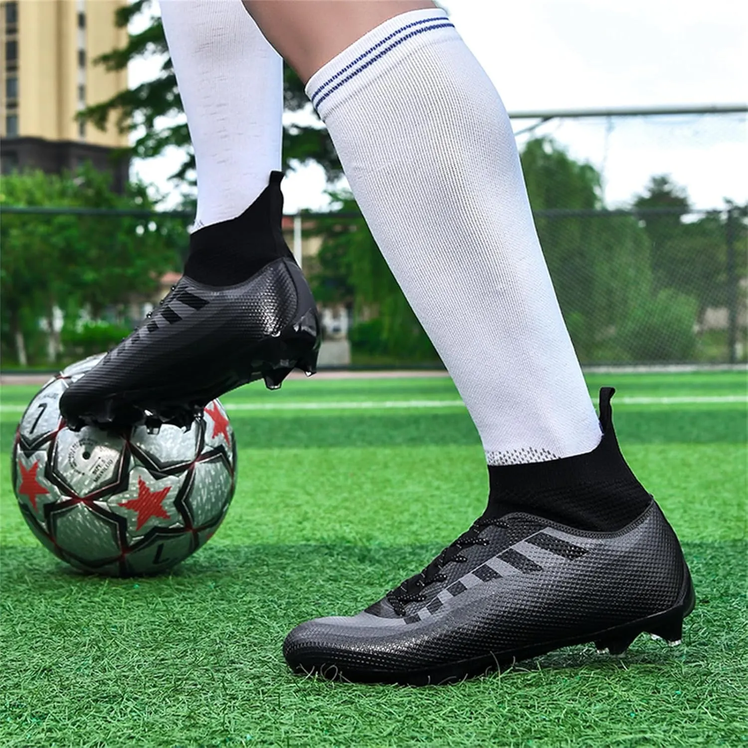 Mens High-Top Lace Up Soccer Cleats Outdoor Lightweight Training Ground Athletic Football Boots Rugby Running Lacrosse Sports Shoes