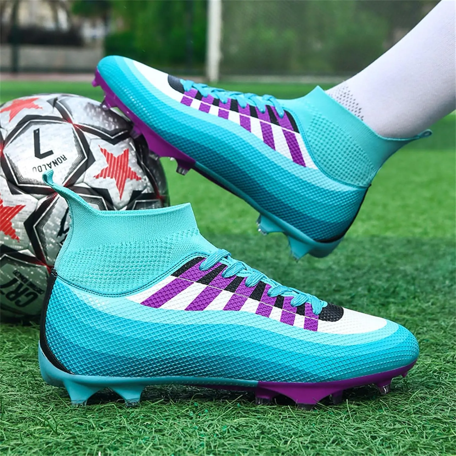 Mens High-Top Lace Up Soccer Cleats Outdoor Lightweight Training Ground Athletic Football Boots Rugby Running Lacrosse Sports Shoes