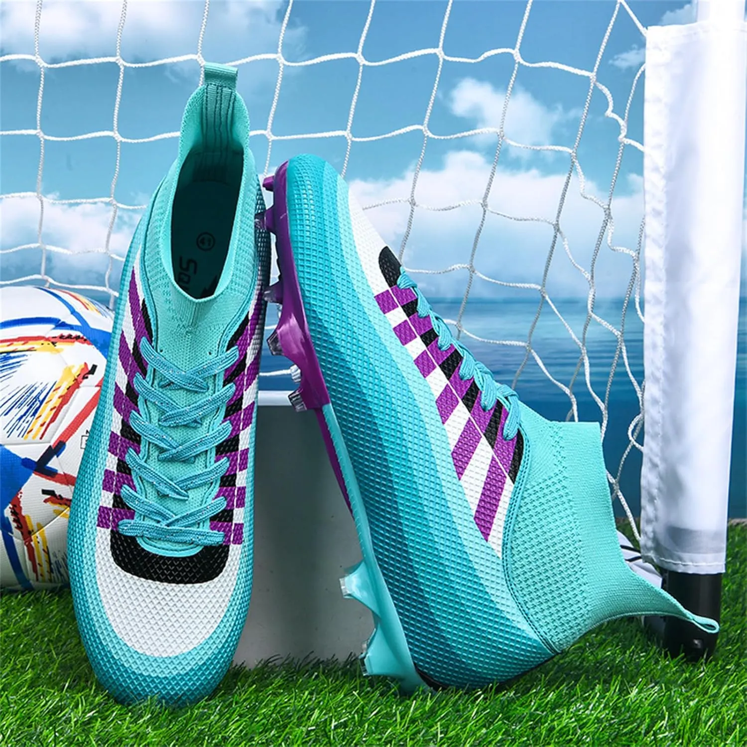Mens High-Top Lace Up Soccer Cleats Outdoor Lightweight Training Ground Athletic Football Boots Rugby Running Lacrosse Sports Shoes