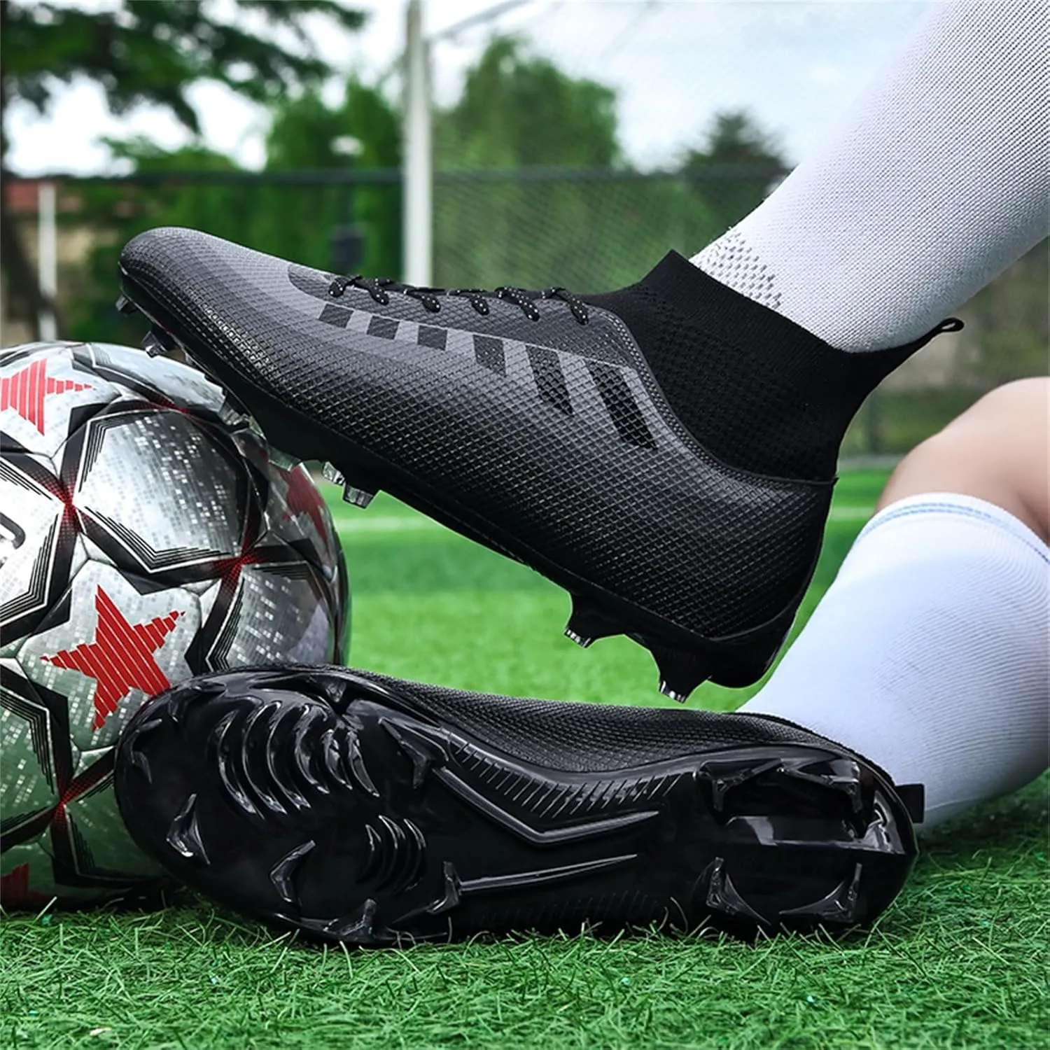 Mens High-Top Lace Up Soccer Cleats Outdoor Lightweight Training Ground Athletic Football Boots Rugby Running Lacrosse Sports Shoes
