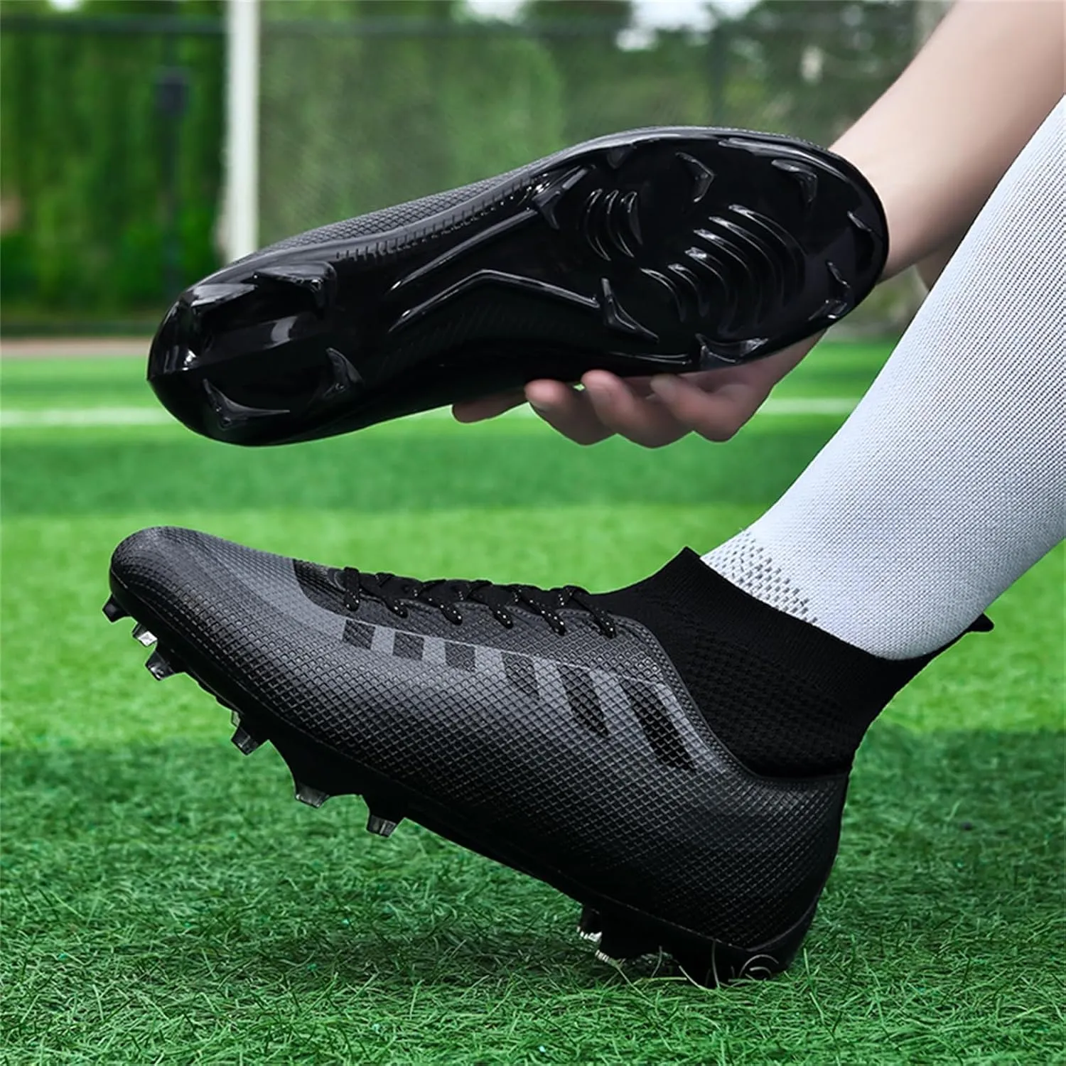 Mens High-Top Lace Up Soccer Cleats Outdoor Lightweight Training Ground Athletic Football Boots Rugby Running Lacrosse Sports Shoes