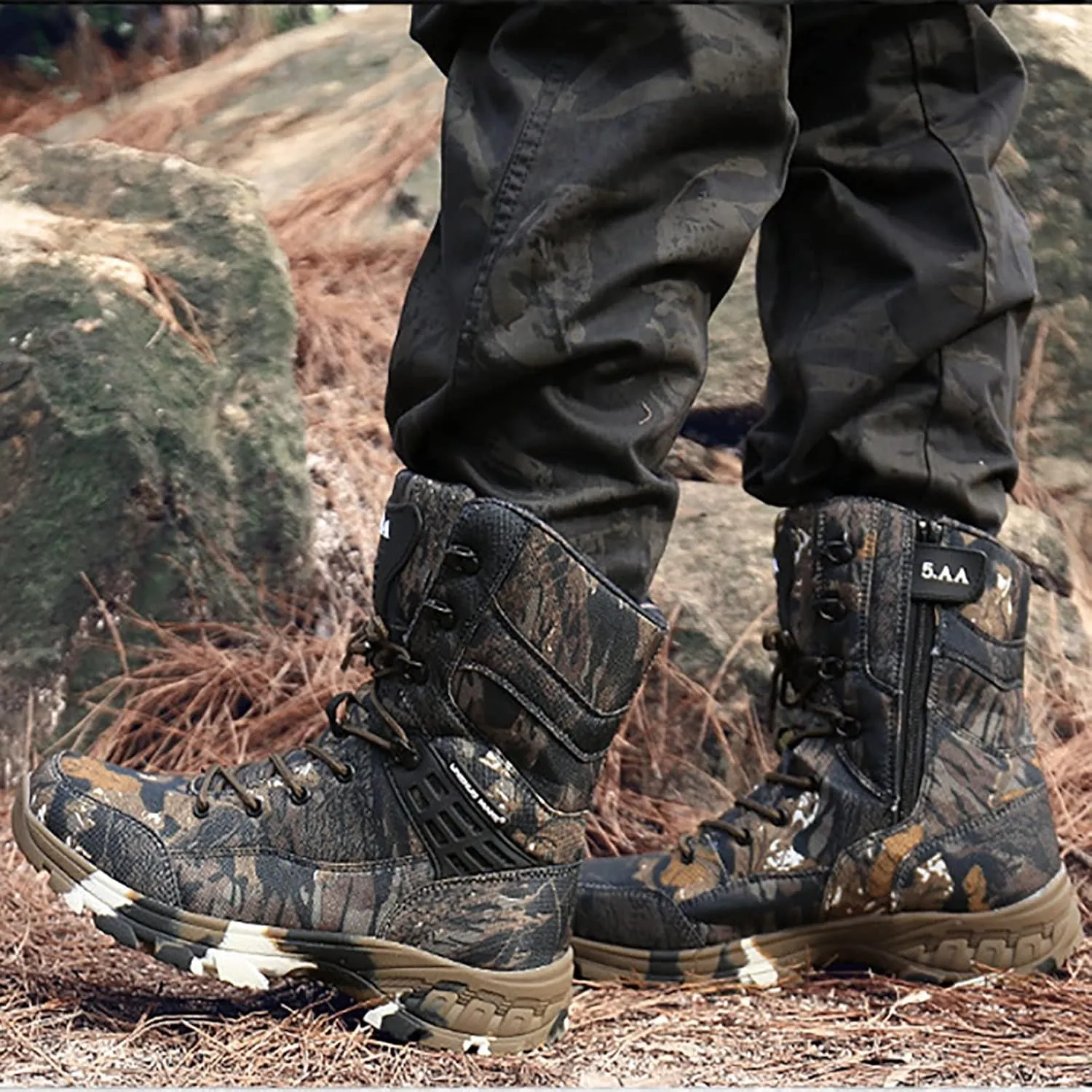 Men's Outdoor Desert Tactical Boots, Waterproof Durable Camouflage Oxford Cloth Military Shoes, with Zipper Rubber Cushioning Outsole Hiking Shoes