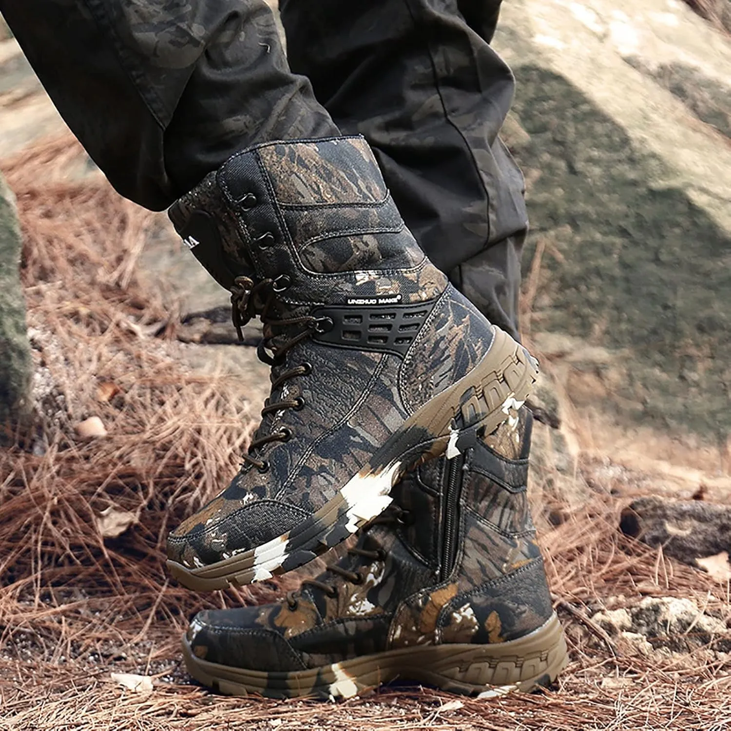 Men's Outdoor Desert Tactical Boots, Waterproof Durable Camouflage Oxford Cloth Military Shoes, with Zipper Rubber Cushioning Outsole Hiking Shoes