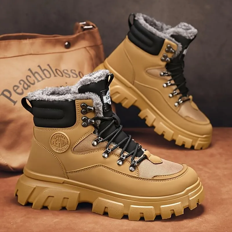 Men's Outdoor Hiking Boots, Breathable Comfortable Non-Slip Boots With Fuzzy Lining For Outdoor Walking Hiking Mountaineering, Autumn And Winter