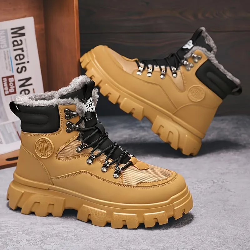 Men's Outdoor Hiking Boots, Breathable Comfortable Non-Slip Boots With Fuzzy Lining For Outdoor Walking Hiking Mountaineering, Autumn And Winter
