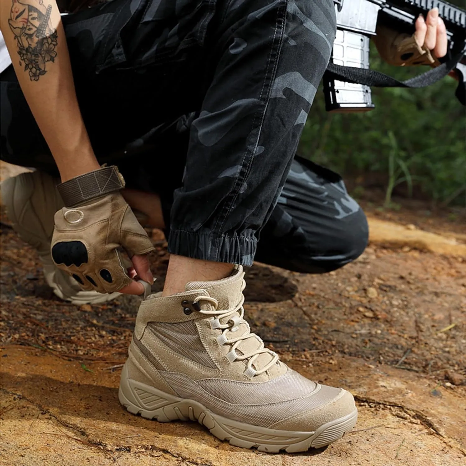 Men's Tactical Boots,Lightweight Hiking Boots, Breathable Outdoors Desert Boots, Combat Boots, Lace Up All Terrain Shoes