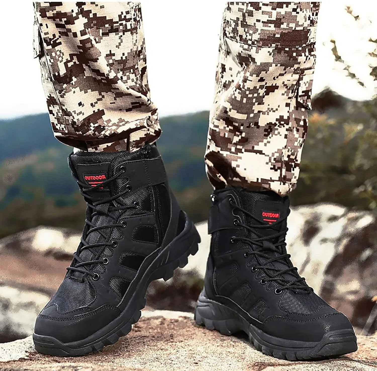 Men's Ultralight Tactical Combat Boots, Outdoor Breathable and Wear-resistant Desert Hiking Shoes, Comfort Waterproof Lace Up Zipper Men's Shoes
