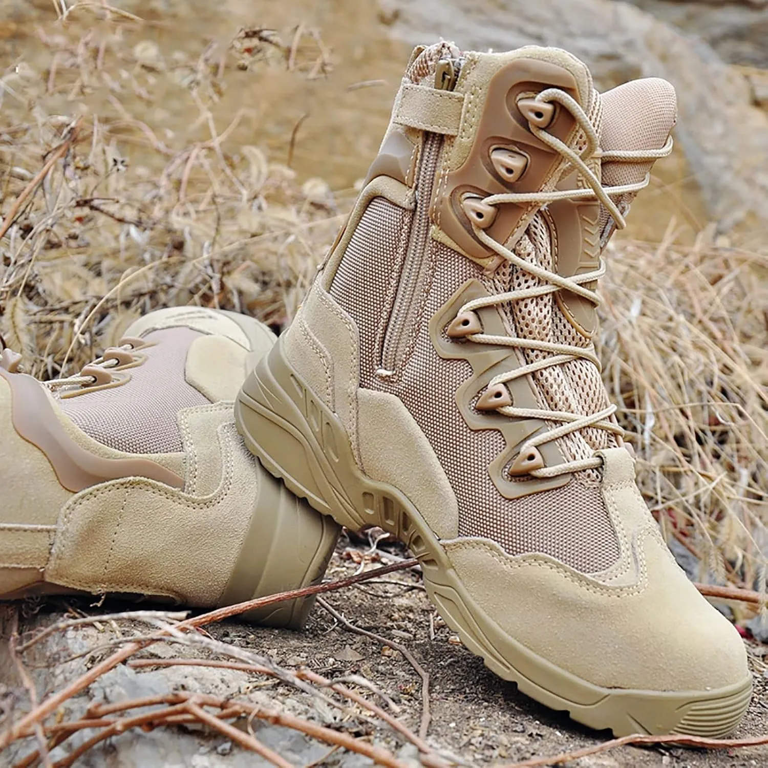 Men's Ultralight Tactical Military Boots, Spring Autumn Outdoor Breathable with Zipper Hiking Shoes, Lace-up Comfortable Durable Desert Combat Shoes