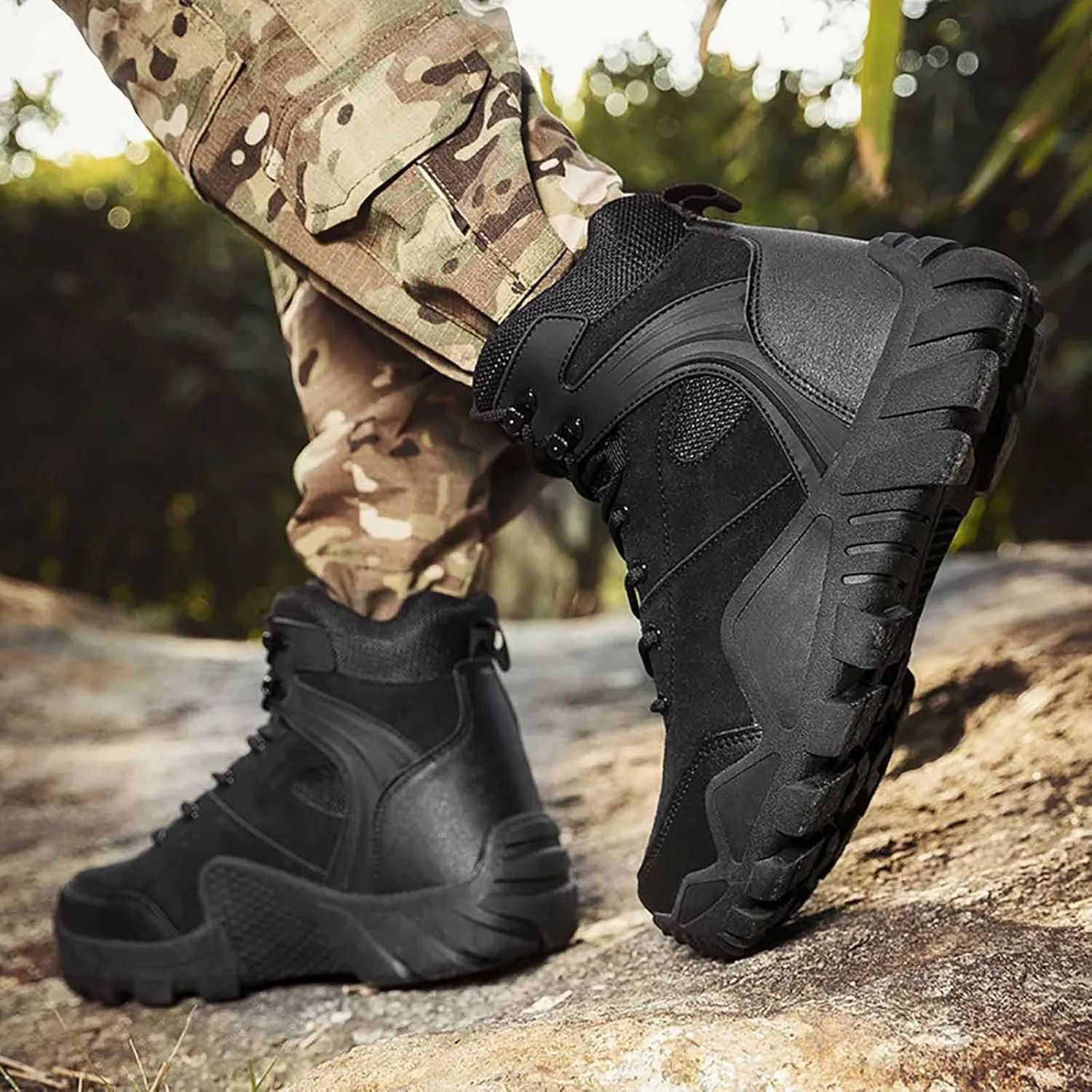 Men's Waterproof Hiking Work Boots, Water Proof Tactical Military Outdoor Desert Combat Boots with Sports Socks Durable Army Combat Boots