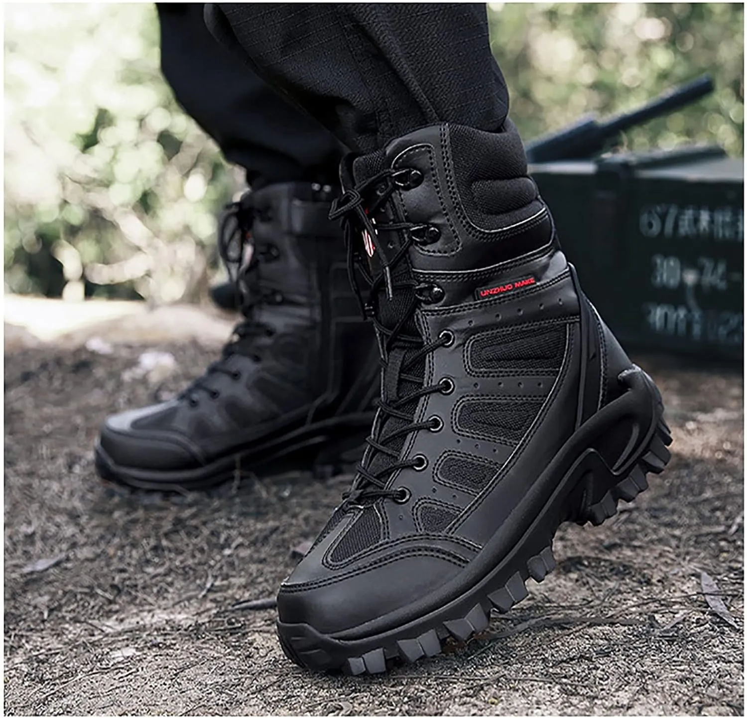 Mens Waterproof Military Boots, Comfortable Shock Absorption Durable Rubber Sole Military Work and Desert Boots, for Outdoor Sports Lace-up Hiking Shoes