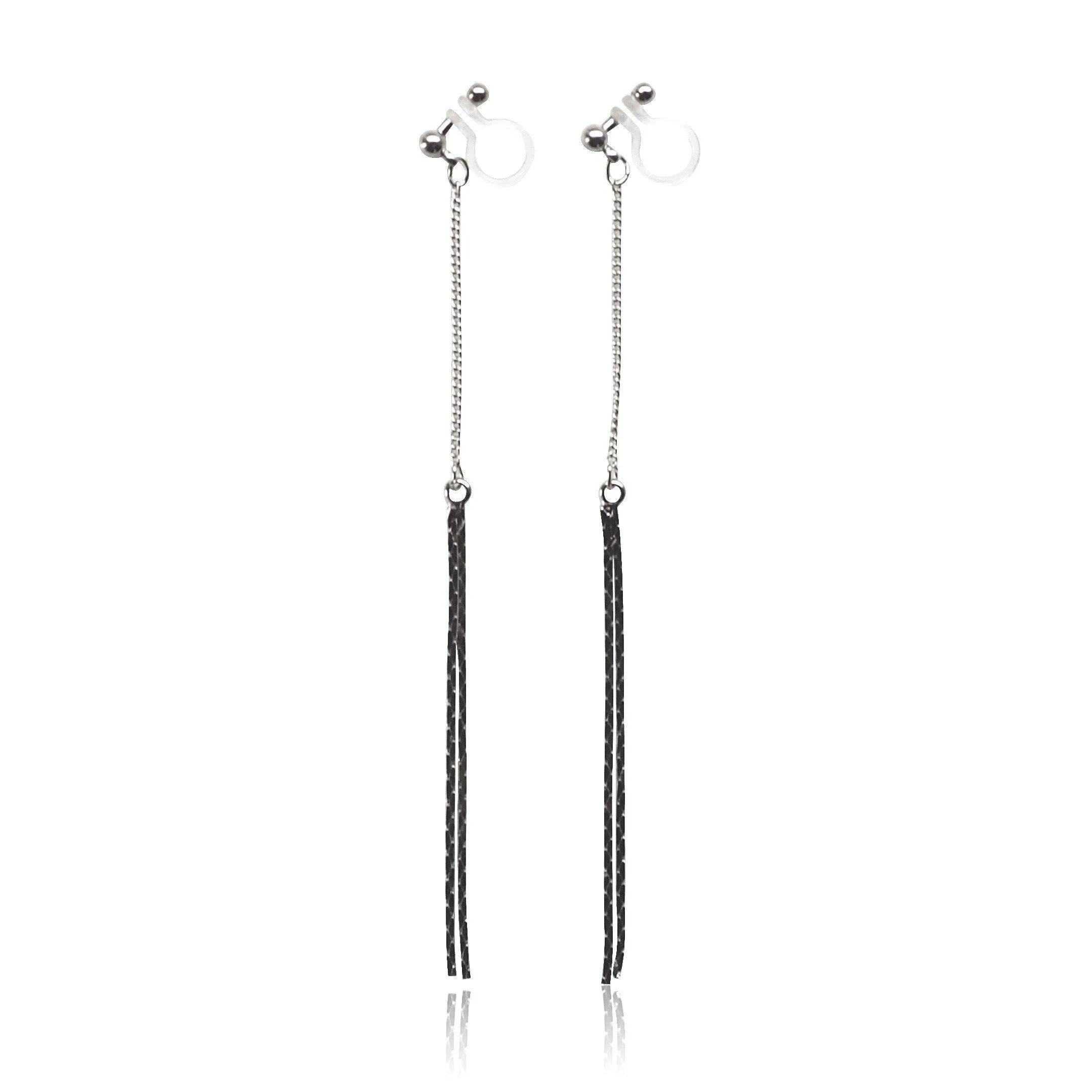Metallic silver chain threader invisible clip on earrings