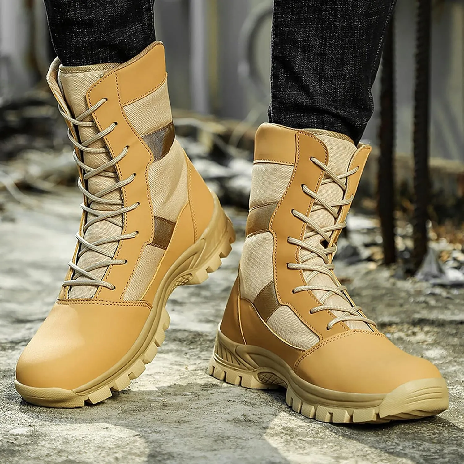 Military and Tactical Boots for Men, Outdoor Lace-up Sports Non-slip Comfortable Shock Mountaineering Boots, for Woodland Desert Breathable Hiking Shoes