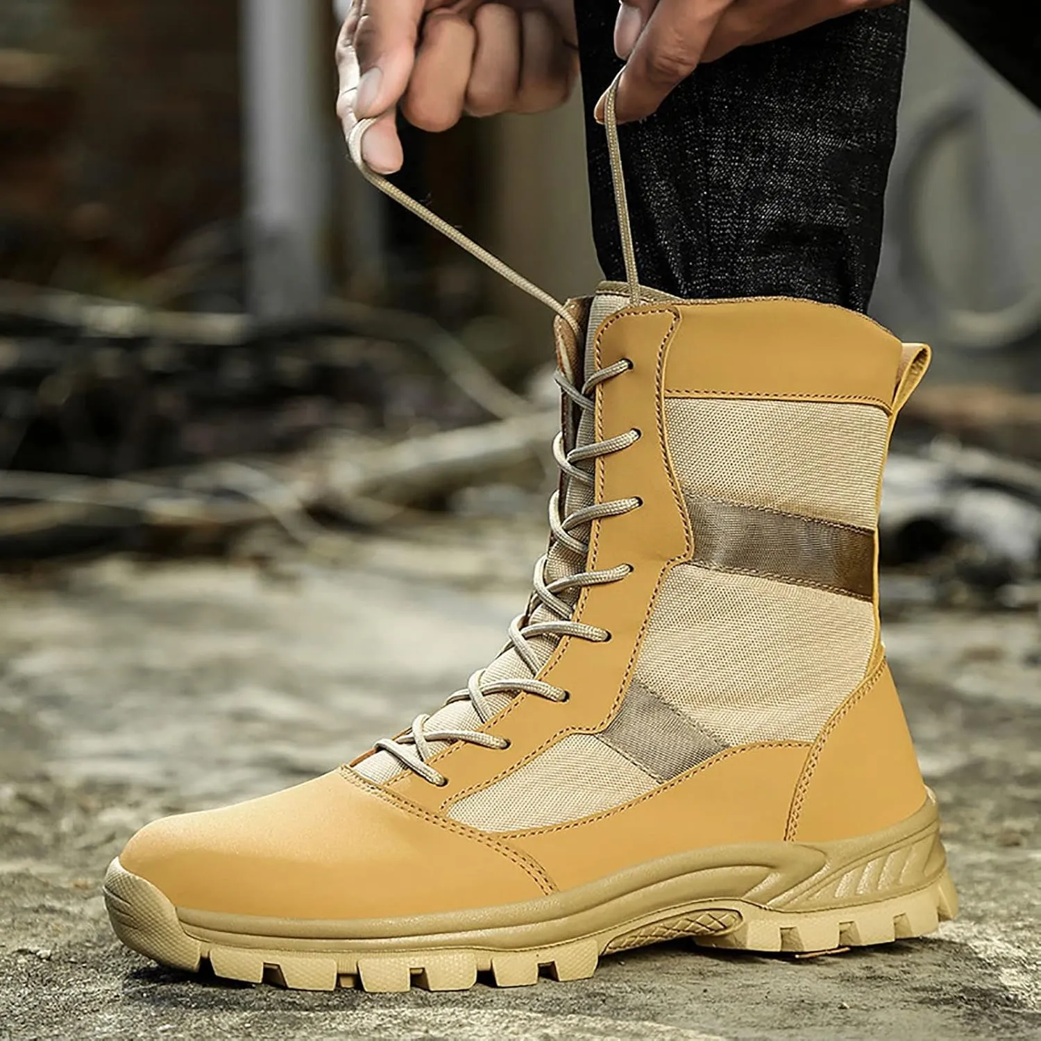 Military and Tactical Boots for Men, Outdoor Lace-up Sports Non-slip Comfortable Shock Mountaineering Boots, for Woodland Desert Breathable Hiking Shoes