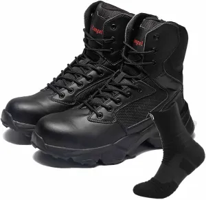 Military Combat Desert Boots, Men Leather Side Zip Desert Combat Boots with Sports Socks Breathable Jungle Hiking Boots Waterproof Tactical Boots