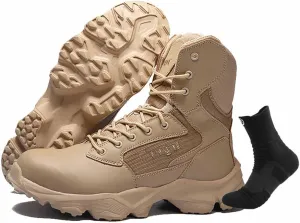 Military Combat Desert Boots, Men Leather Side Zip Desert Combat Boots with Sports Socks Breathable Jungle Hiking Boots Waterproof Tactical Boots
