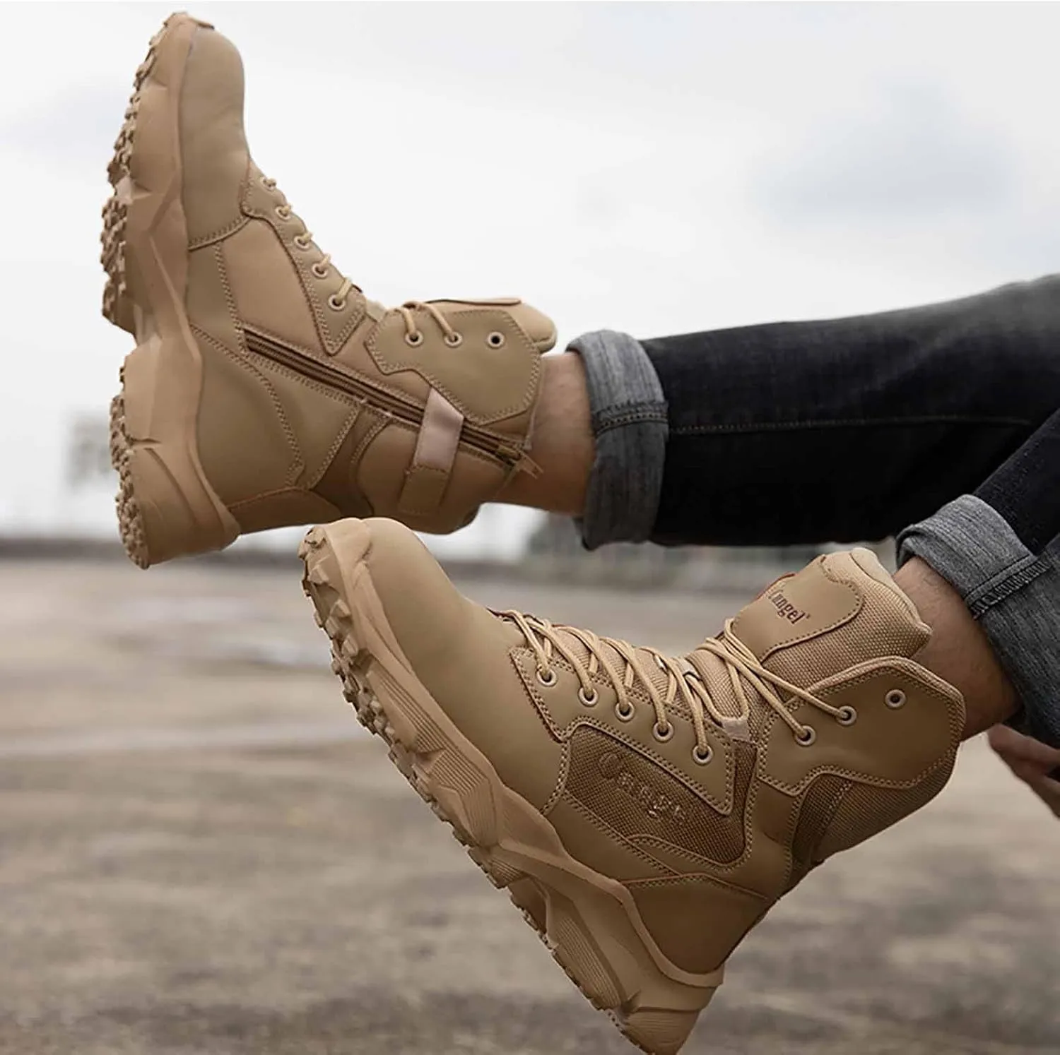 Military Combat Desert Boots, Men Leather Side Zip Desert Combat Boots with Sports Socks Breathable Jungle Hiking Boots Waterproof Tactical Boots