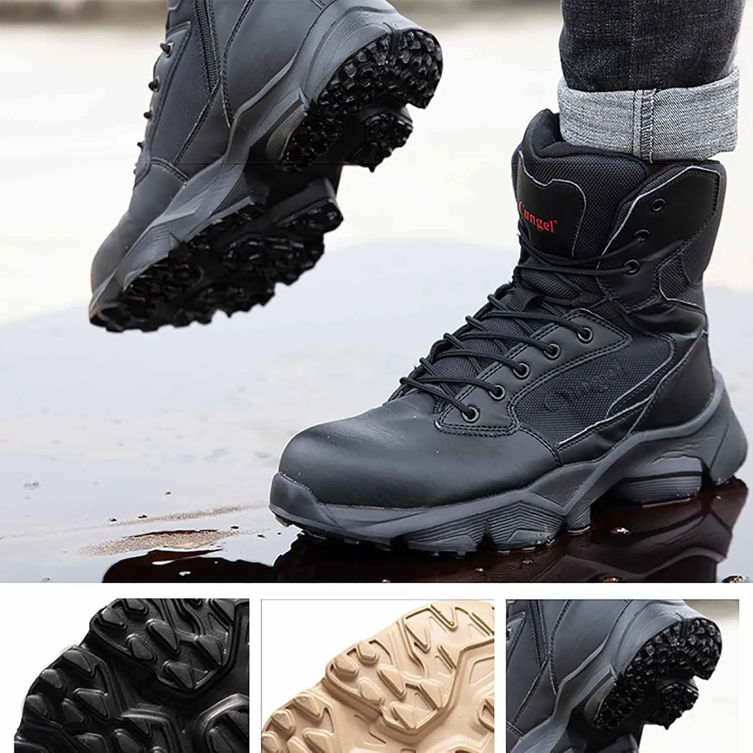 Military Combat Desert Boots, Men Leather Side Zip Desert Combat Boots with Sports Socks Breathable Jungle Hiking Boots Waterproof Tactical Boots
