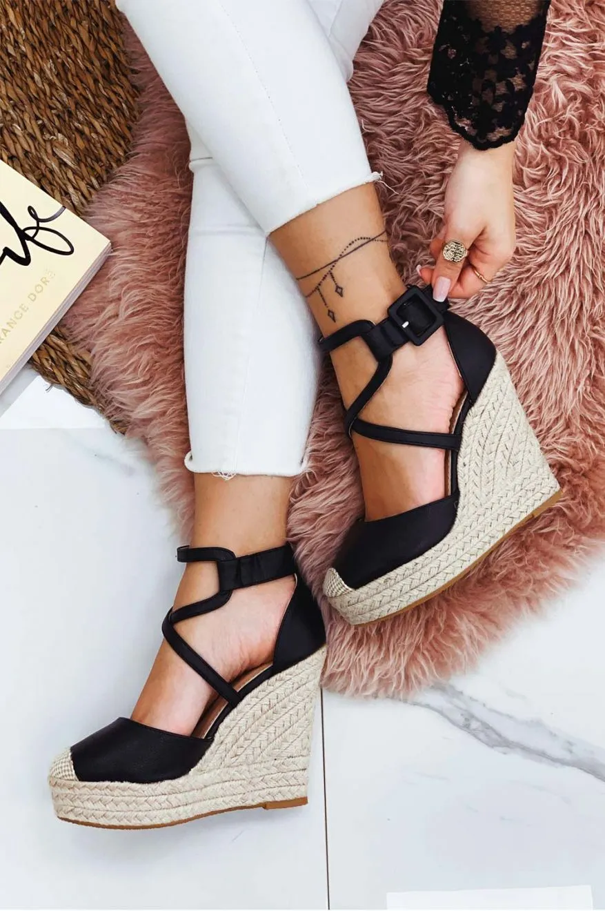 MORRIS - Espadrilles nere in finta pelle con zeppa e fasce ad incrocio